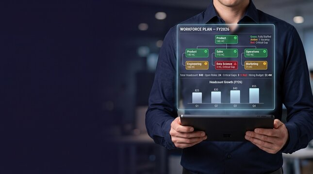 Workforce Planning Dashboard with Employee Headcount, Hiring Gaps and Quarterly Growth Forecast on Tablet in Dark Corporate Environment with Digital Holographic Interface
