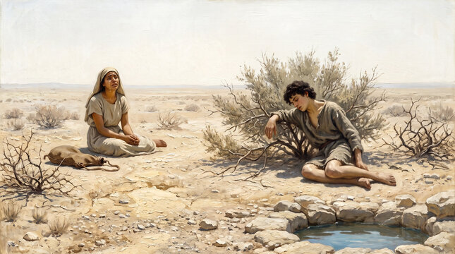 Hagar weeps at a distance from Ishmael in the wilderness of Beersheba, oil painting of the Old Testament story