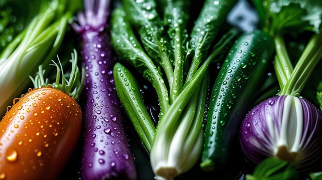 Vegetales frescos con gotas de agua en primer plano