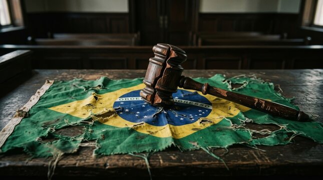 Tattered Brazilian flag under a gavel in a courtroom