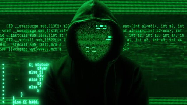 Hacker with hoodie and glitch face. Computer abstract digital code at the background. Dark web or darknet fraud. Cryptocurrency bitcoin mixer concept. Cybersecurity and social network data protection