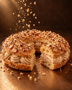 Hazelnut praline Paris-Brest with exposed cream and falling crumbs. AI generative
