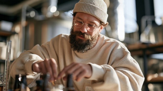 a bearded man hosting a small national lager day homebrew tasting in a basement brewery setup in december, hydrometer and bottles in view, craft brewing hobby, beer enthusiast