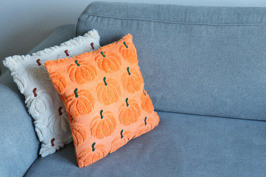 Two pumpkin-motif throw cushions arranged on a soft gray couch. Concept of autumn-inspired home accents.