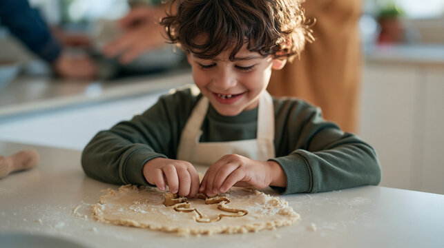 A child with gap teeth sitting at a table carefully pressing a gingerbread cutter into rolled dough on national gingerbread day, playful baking activity, holiday tradition,
