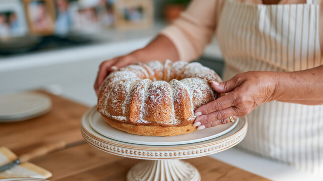 An Argentinian abuela placing a freshly baked bundt cake on a decorative stand in a kitchen filled with family photographs on national bundt day, intergenerational baking