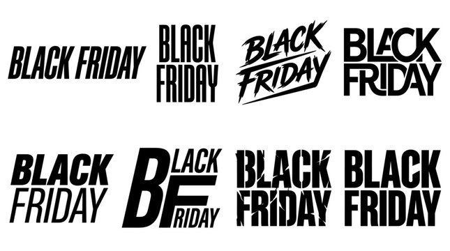 Black Friday typography logo vector set with various bold black lettering styles and graphic designs