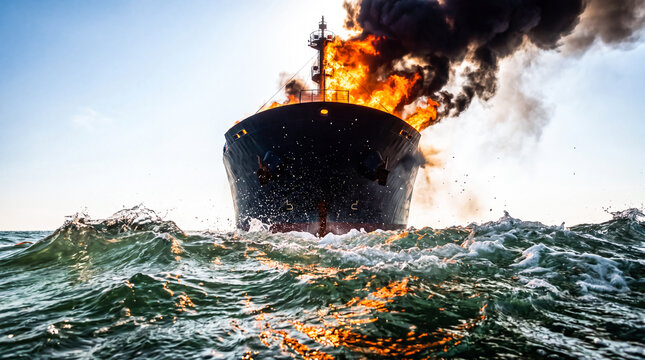 Large oil tanker ship engulfed in flames and thick black smoke on rough ocean waves at sea