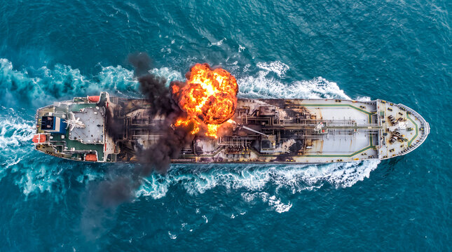 Aerial view of a large oil tanker ship exploding and burning on the open ocean surface