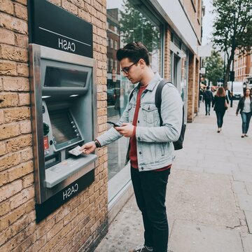 Young man withdraws cash from ATM on busy city street with brick buildings in background