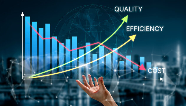 Visualization of Hand Reaching Out Towards Rising Graphs Representing Quality, Efficiency, and Cost in Business Performance Analysis. Bitwise.
