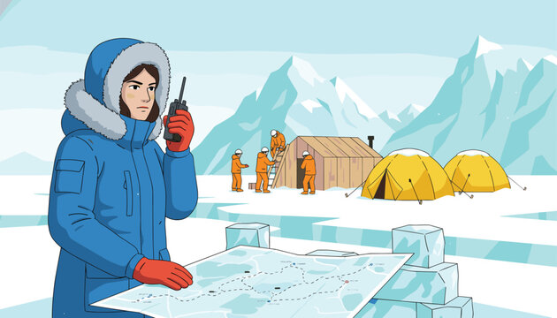 Researcher in a heavy blue parka uses a walkie-talkie while examining a map at an arctic research base surrounded by snowy mountains.