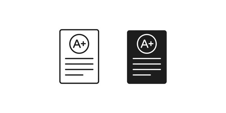 Academic grading paper report icon with A plus letter for student achievement.