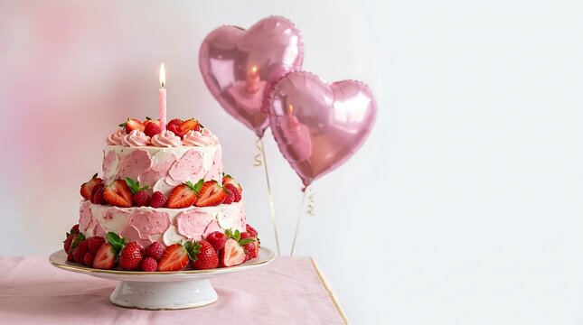 A beautiful two tier strawberry cake with heart shaped balloons for a lovely happy birthday celebration party