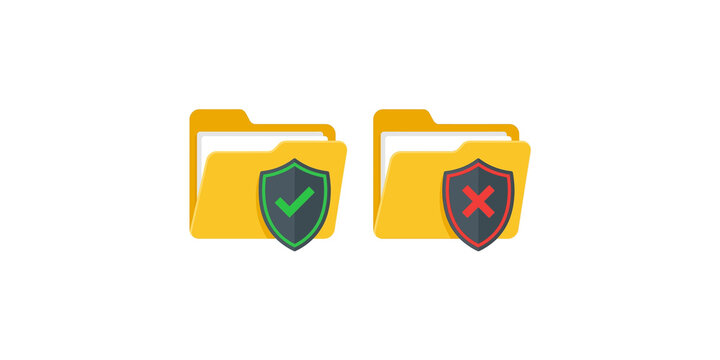 Document folder security icons with green checkmark and red cross shields for data protection.