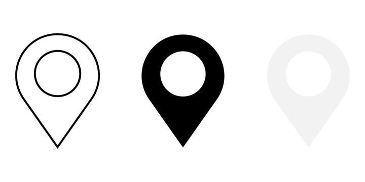Set of three location pin icons in outline solid and light grey styles for map navigation