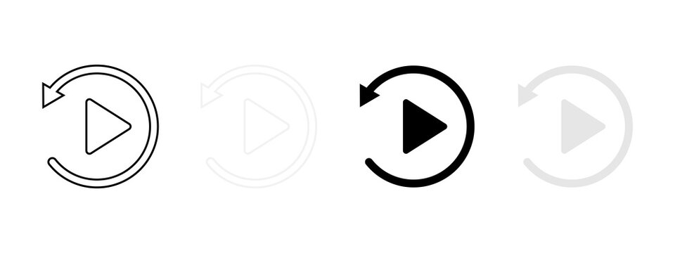Set of circular arrow reload icons with play button symbols in black and grey line styles
