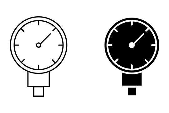 Pressure gauge icon set with line and solid black vector style for industrial measurement