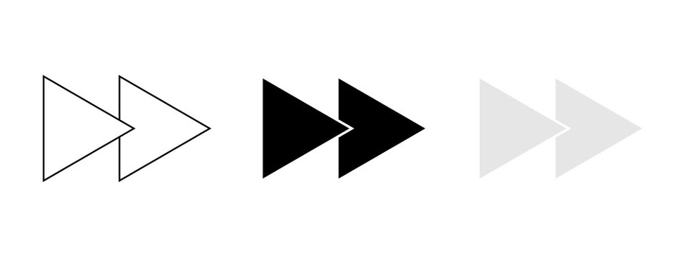 Set of fast forward arrow icons in black outline solid and grey styles
