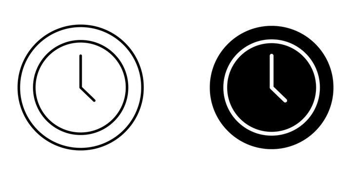 Simple wall clock icon set in black and white outline and solid style