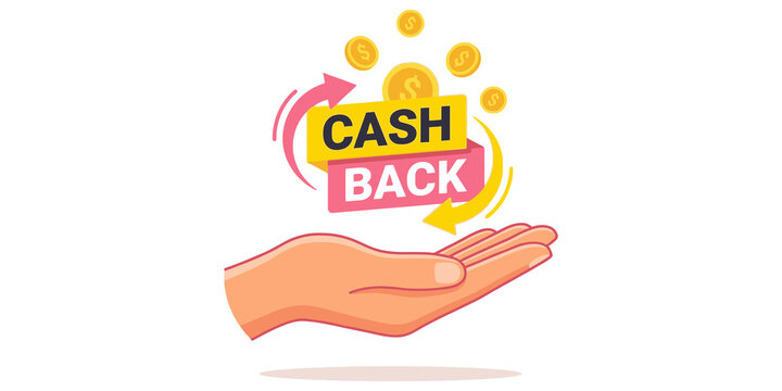 Cash back concept with human hand holding yellow tag and floating gold coins for financial reward.