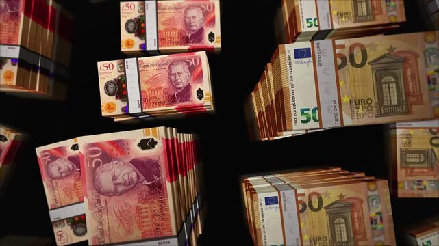 Euro and Great Britain pound sterling english money money exchange. Paper banknotes pack bundle. Concept of trade, economy, competition, crisis, banking and finance. Notes loopable seamless 3d.