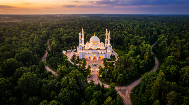 Aerial view of illuminated white mosque in lush green forest at sunset