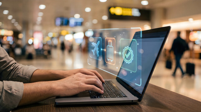 Person working on a laptop computer with security verification icons in a busy airport terminal