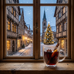 Obraz premium A glass of mulled wine on a windowsill overlooking a festive German town square at Christmas