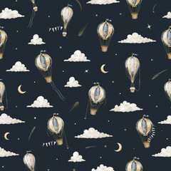 Airship and hot air balloon seamless watercolor pattern on dark blue background. Celestial repeat with aircrafts and clouds and stars for fabric, nursery wallpaper and wrapping paper. Baby backdrop. © Alisles