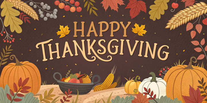 Happy Thanksgiving Autumn Harvest Cornucopia Pumpkins Leaves Celebration Vintage