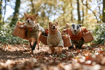 Fototapeta premium Anthropomorphic animals walk through forest trail carrying wicker picnic baskets. Dressed in tweed vests and cozy cable knit sweaters on an autumn hike