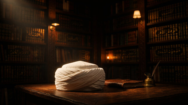 White islamic scholar turban on wooden desk in historic library