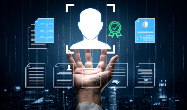 Digital identity verification and biometric technology concept, showcasing data security, document authentication, and modern technology in a futuristic city environment Haptic.