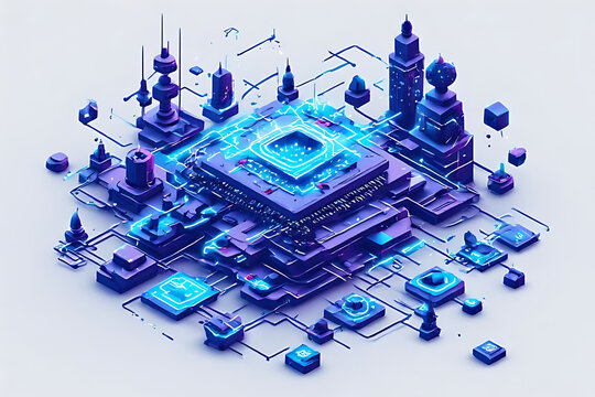 Futuristic isometric microchip city with glowing blue and purple circuits and towers Keywords: technology, futuristic, isometric, microchip, circuit board, city, urban, digital, data, network