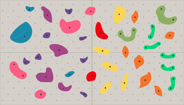 Bouldering colorful grips, handholds, footholds on artificial wall for rock climbing illustration. Sports equipment for fitness, exercise, training. Fun physical activity. Hand drawn vector design