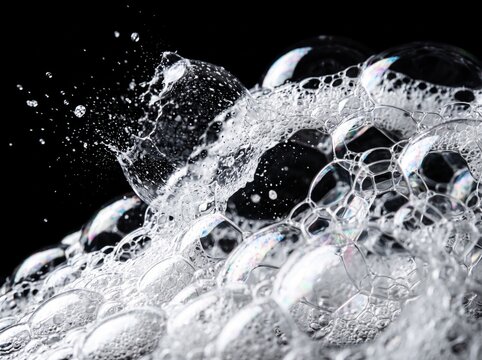 Macro view of soap bubbles bursting and forming foam against a black background