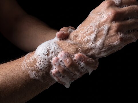 Person washing hands and wrists with soap lather against a black background