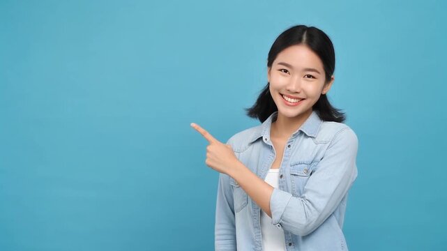 デニムシャツの女性が水色の背景で右を指差し明るい笑顔で案内する