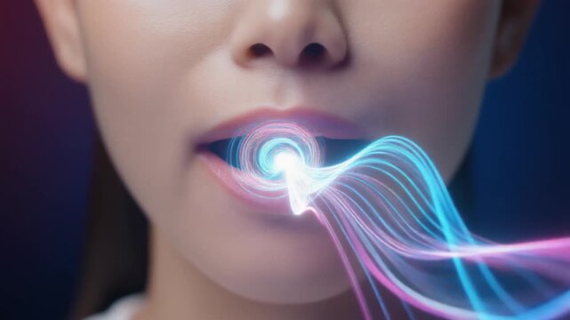 女性の淡い唇から白い音声信号が生まれ青紫の立体波形へ変わる