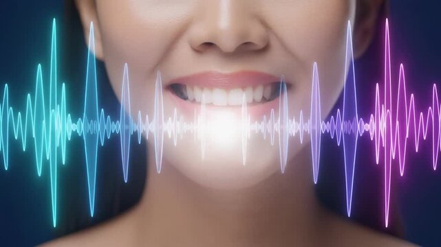 女性の口元から強い白色光と半透明の音声波形が前方へ広がる