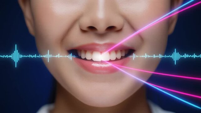 女性の横顔から白い光が発生し多彩な音声波形となって右へ伸びる