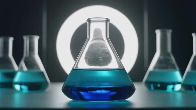 中央の三角フラスコで鮮烈な青い薬液が滑らかな濃淡を描く