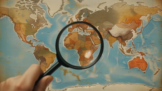 大型世界地図にかざした丸い虫眼鏡が大陸と国境を鮮明に映し出す