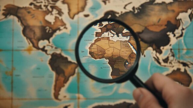 中央の黒い虫眼鏡が古びた世界地図の大陸と海岸線を大きく映す