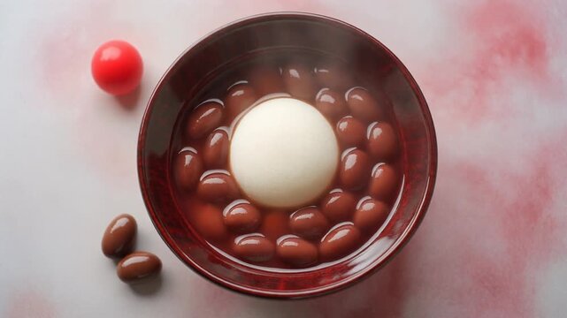 艶やかな赤い漆椀のぜんざいに白い丸餅と小豆が浮かび湯気が立つ
