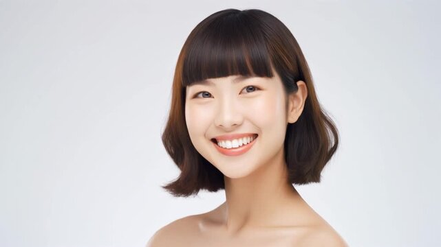 耳下で丸まる短髪の女性が白い背景で顎を上げ横顔の笑顔を見せる
