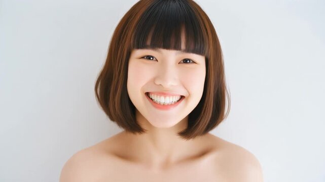 短いダークブラウンの髪の女性が白い背景で上を向き歯を見せて笑う
