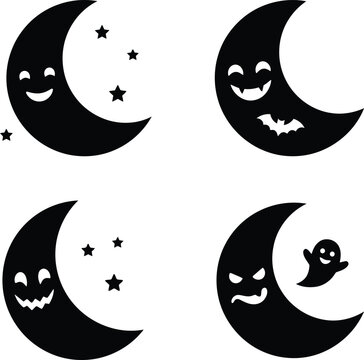 A delightful collection of spooky crescent moons with various charming faces perfect for halloween decorations and festive autumnal designs