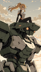 Obraz premium Anime Mecha Pilot Woman Sitting On Huge Robot To Command Military Force